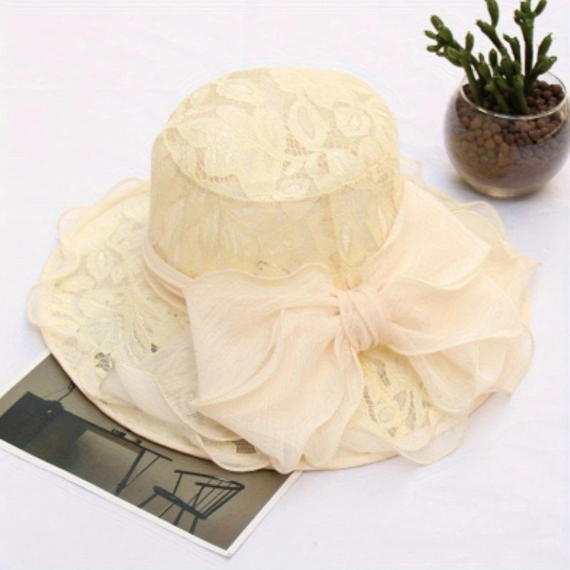 Ruffles Wide Brim Sun Hat Solid Organza Lace Bowknot Derby Hat