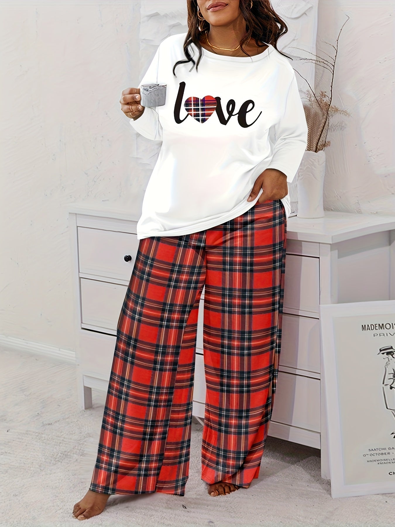 Plaid Heart Print Tee & Wide Leg Pants Pajama Set