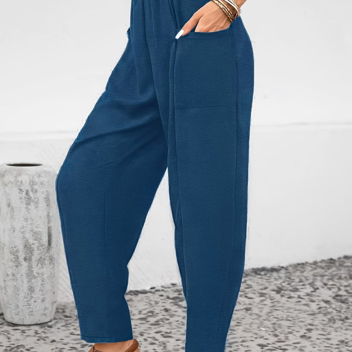 Women's Plus Solid High Rise Loose Fit Trousers