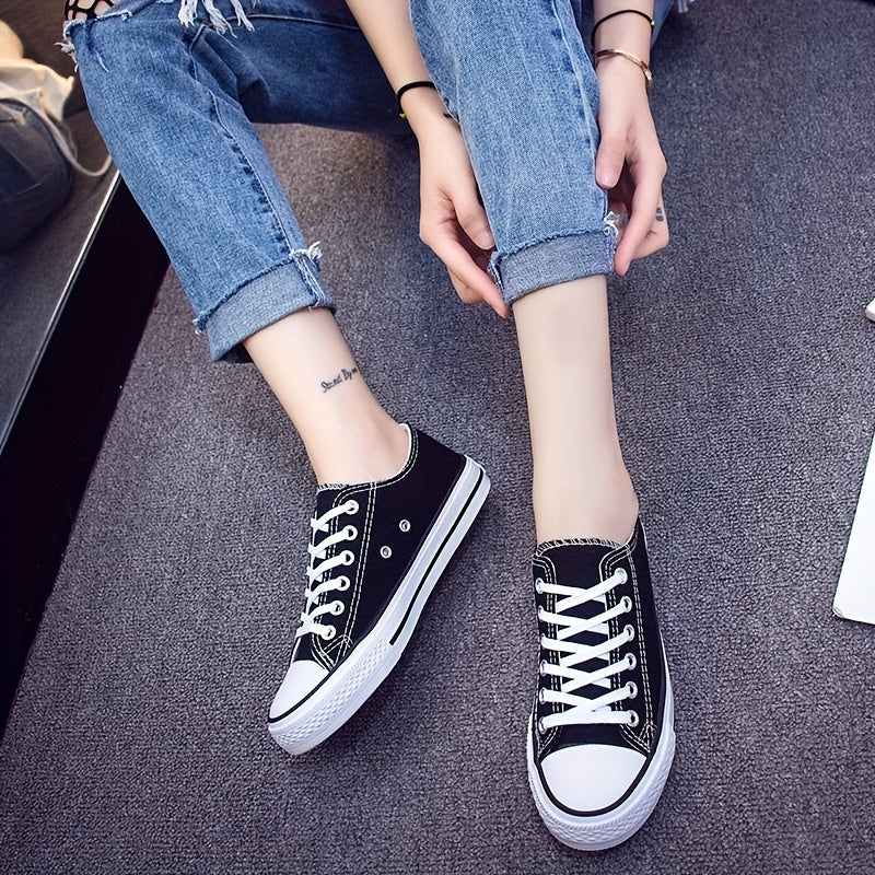 Women's Canvas Lace Up Flat Sneakers Round Toe Casual Walking Shoes