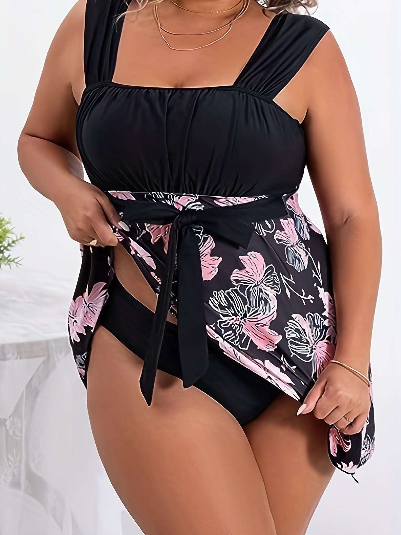  Floral Print Tankini Set with Tie Front Tank Dress & Panty