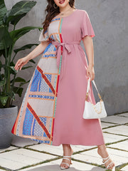  Colorblock Patchwork Print Butterfly Sleeve Round Neck Maxi Dress