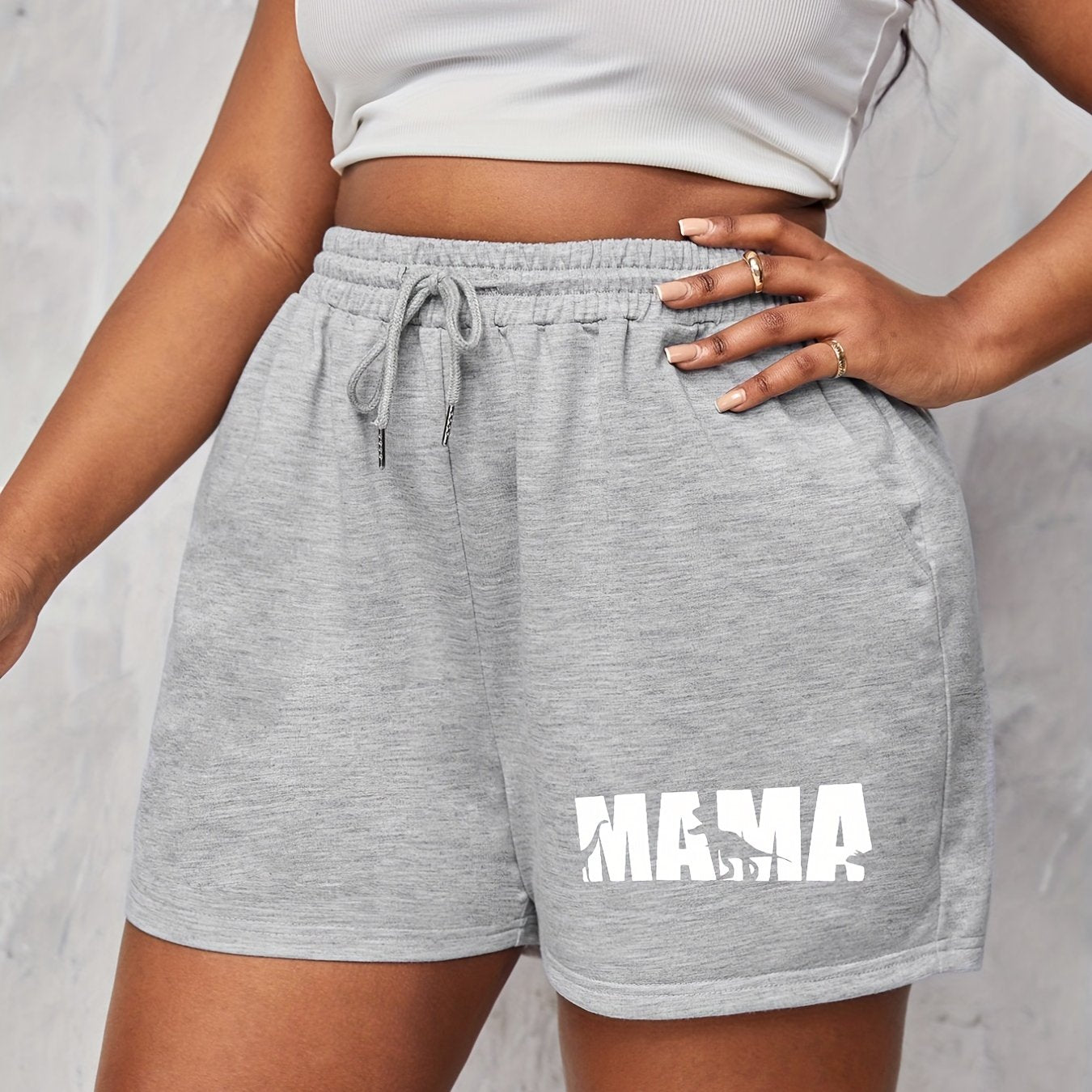 Women's Plus Letter & Dinosaur Print High Rise Drawstring Shorts