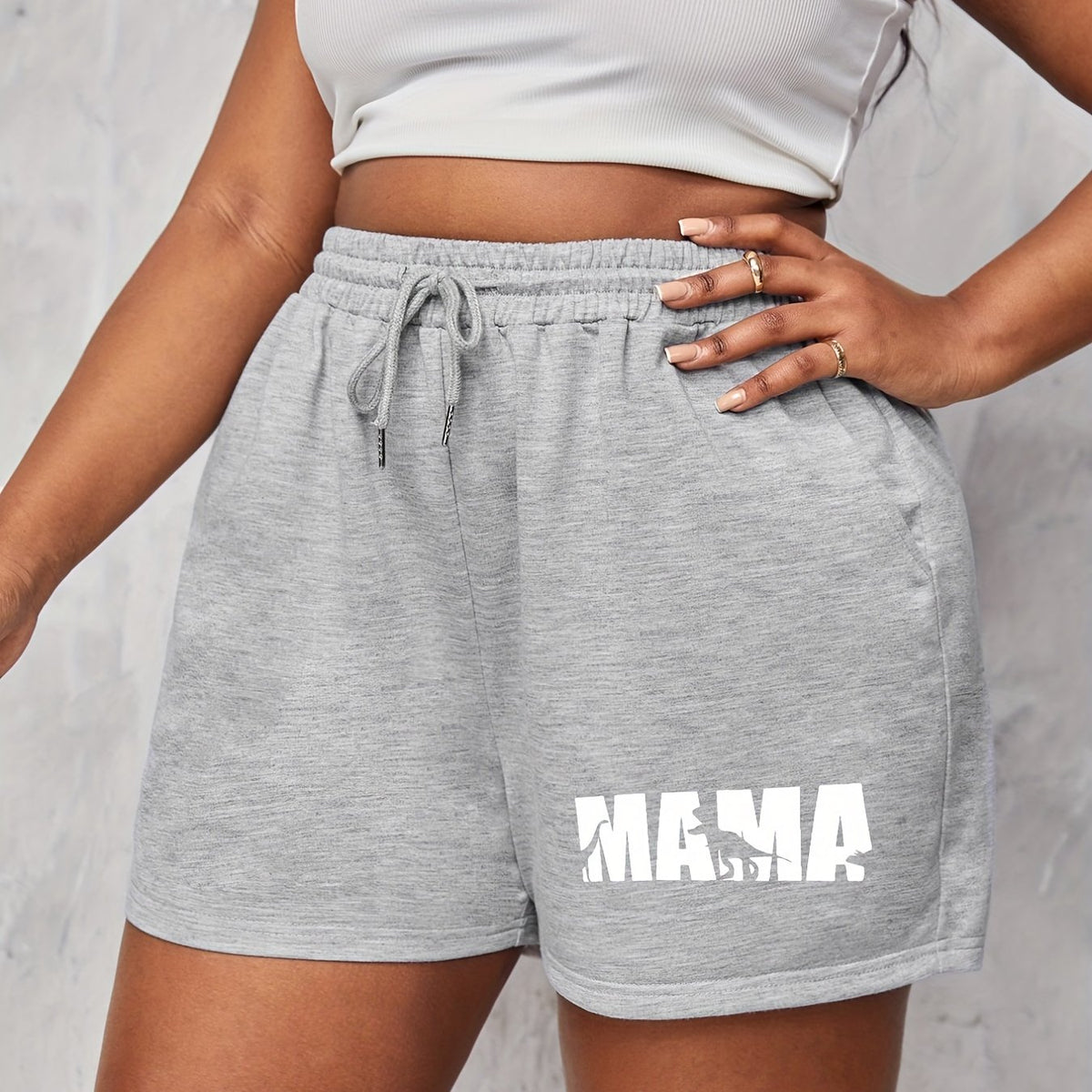 Women's Plus Letter & Dinosaur Print High Rise Drawstring Shorts