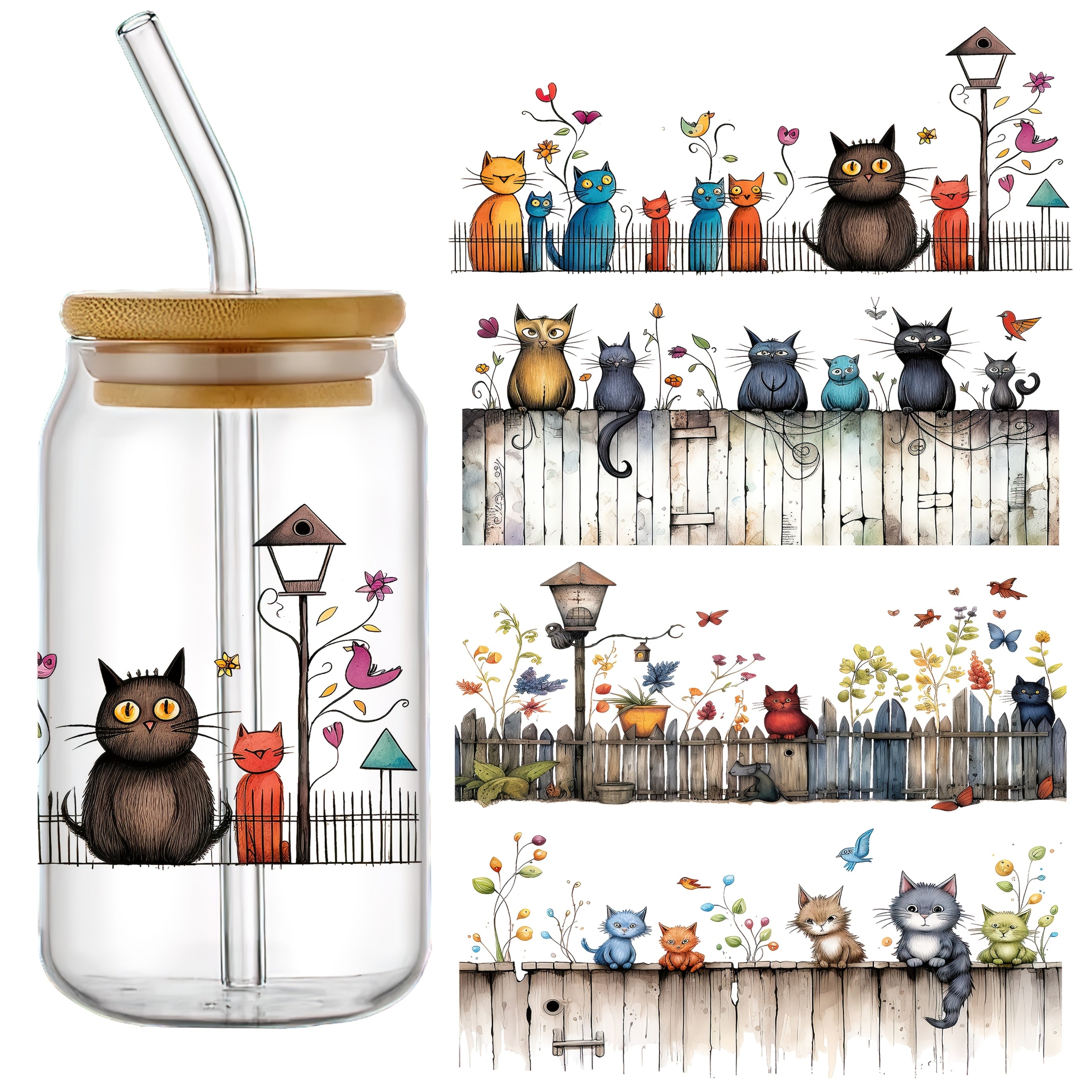 4pcs Cat Garden UV DTF Stickers Waterproof Scratch Resistant Decals