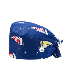 Cartoon Print Work Hat Adjustable Nurse Hat With Buttons Elastic Scrub Cap