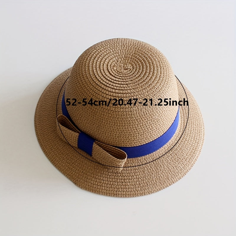 Girls Straw Sun Hat with Bow - Sunshade Bucket Hat
