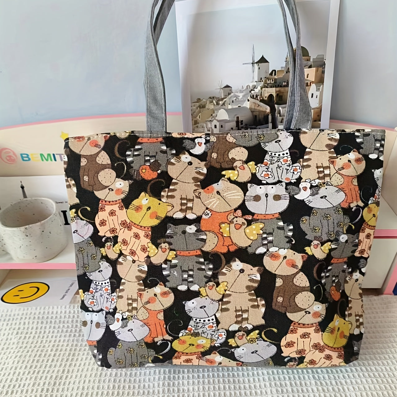 Canvas Vintage Geometric Pattern Tote Bag Large Capacity Shoulder Bag
