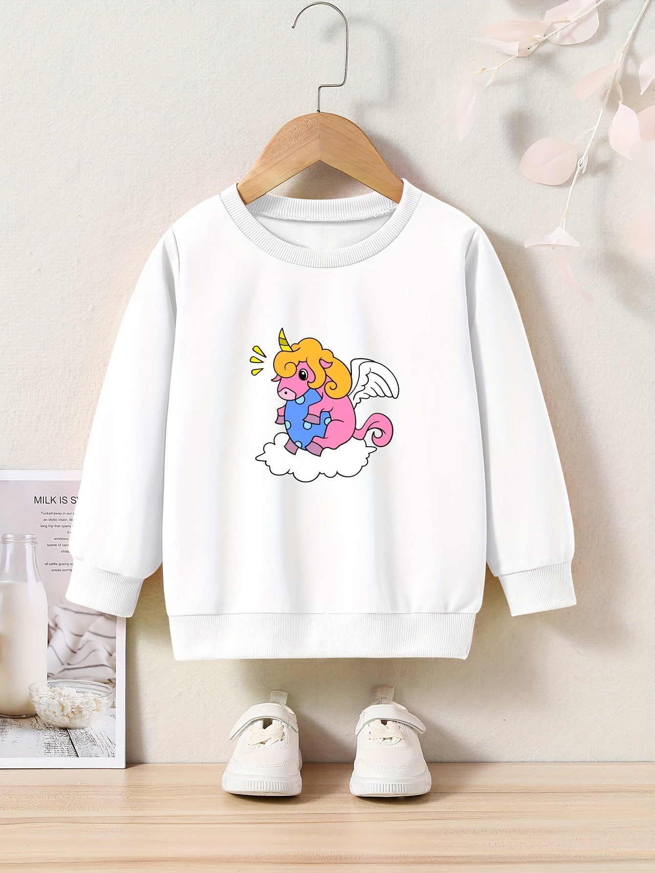 Cartoon Unicorn Print Girls Sweatshirt Long Sleeve Crew Neck Tops