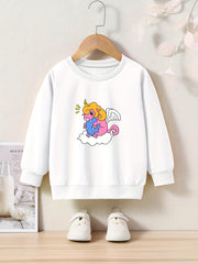 Cartoon Unicorn Print Girls Sweatshirt Long Sleeve Crew Neck Tops