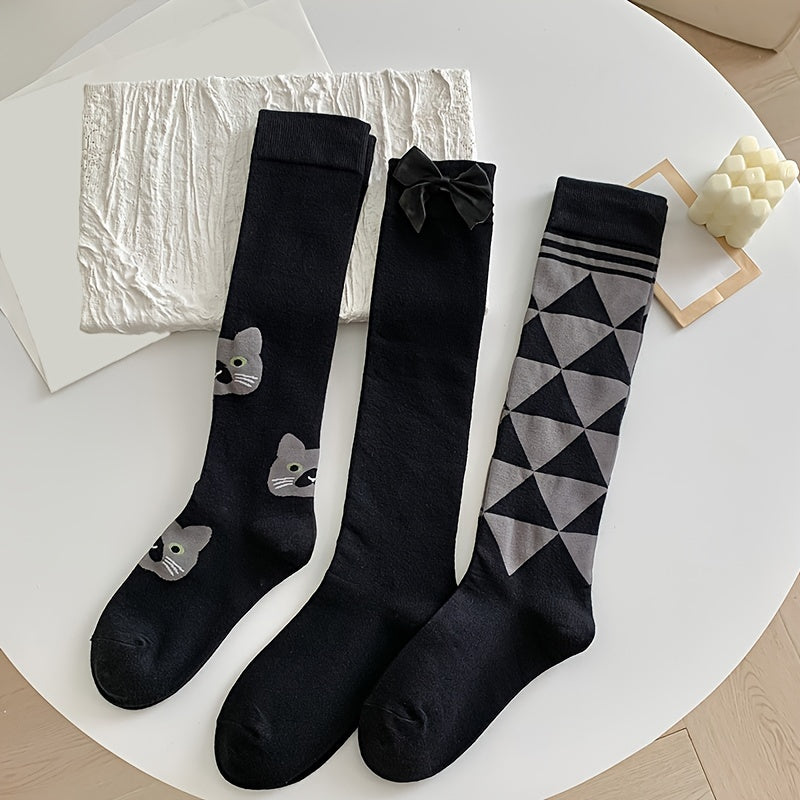 3 Pairs Cat & Argyle Calf Socks Bow Knee High Socks Women's Stockings