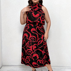  Abstract Brush Print Halter Neck Maxi Dress