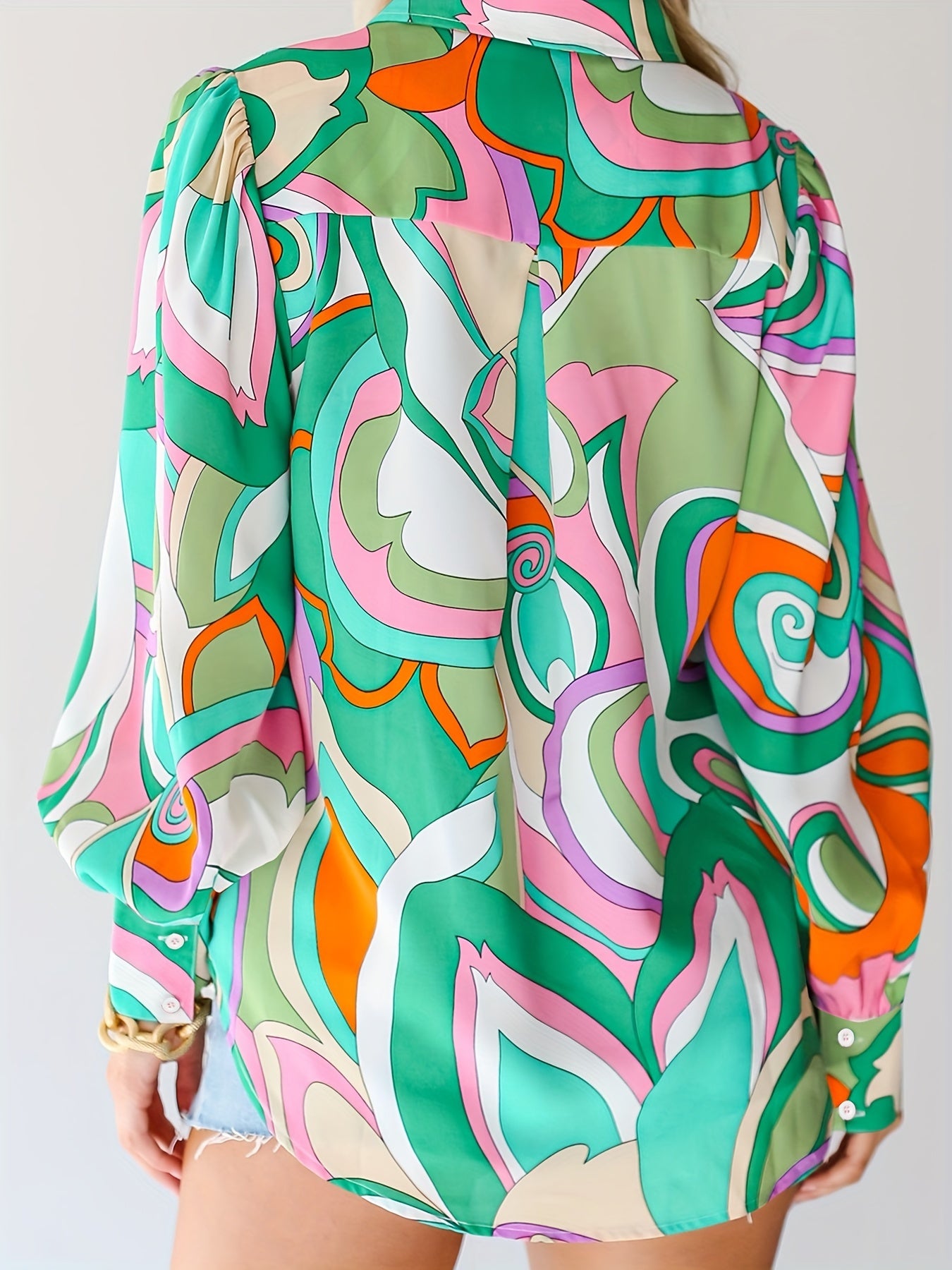  Colorblock Print Button Up Lantern Sleeve Blouse