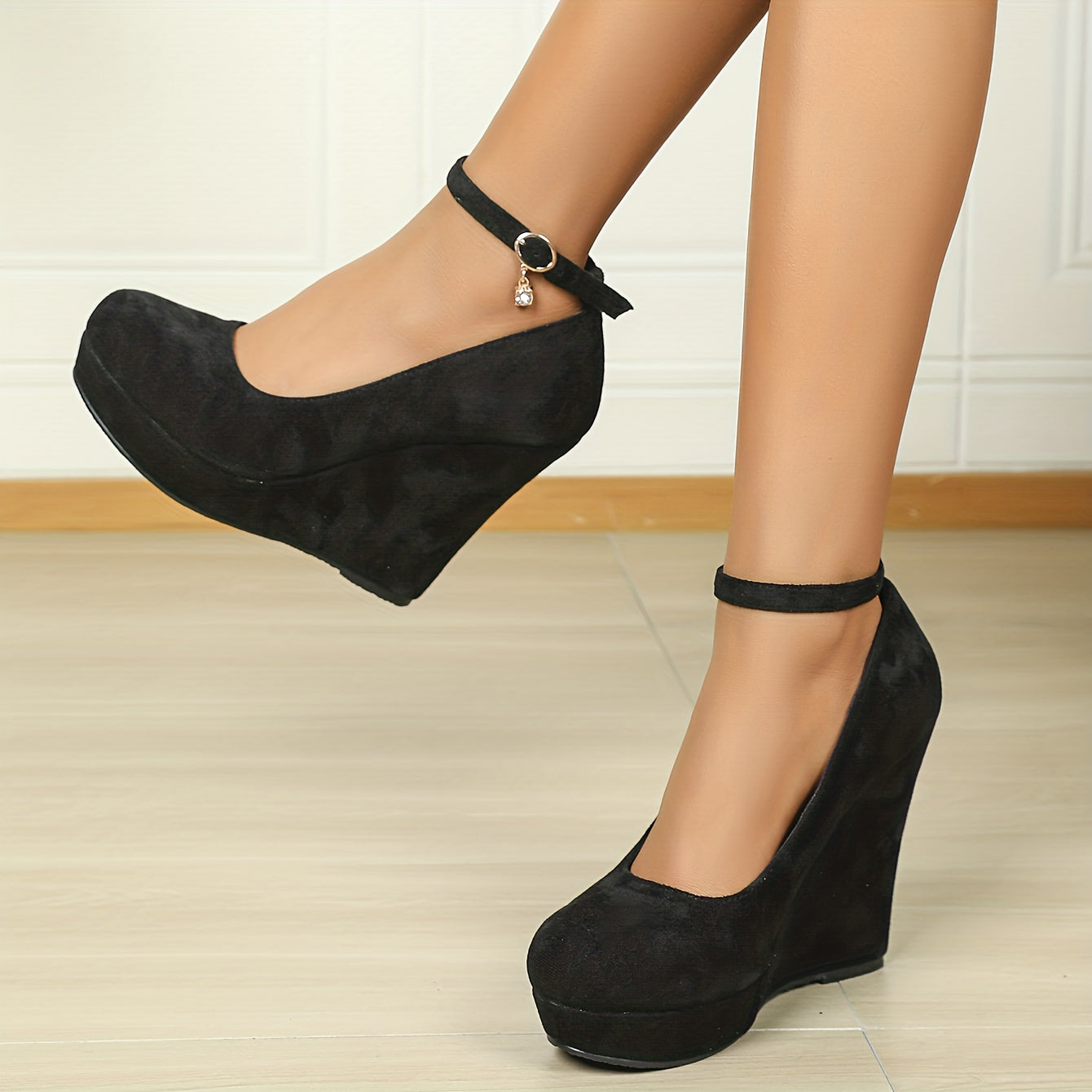 Women's Stylish Wedge Heel Shoes Buckle Strap Platform Heels Suede Party Pumps