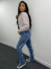 High Waist Ripped Straight Jeans Distressed Denim Pants Women's Clothing