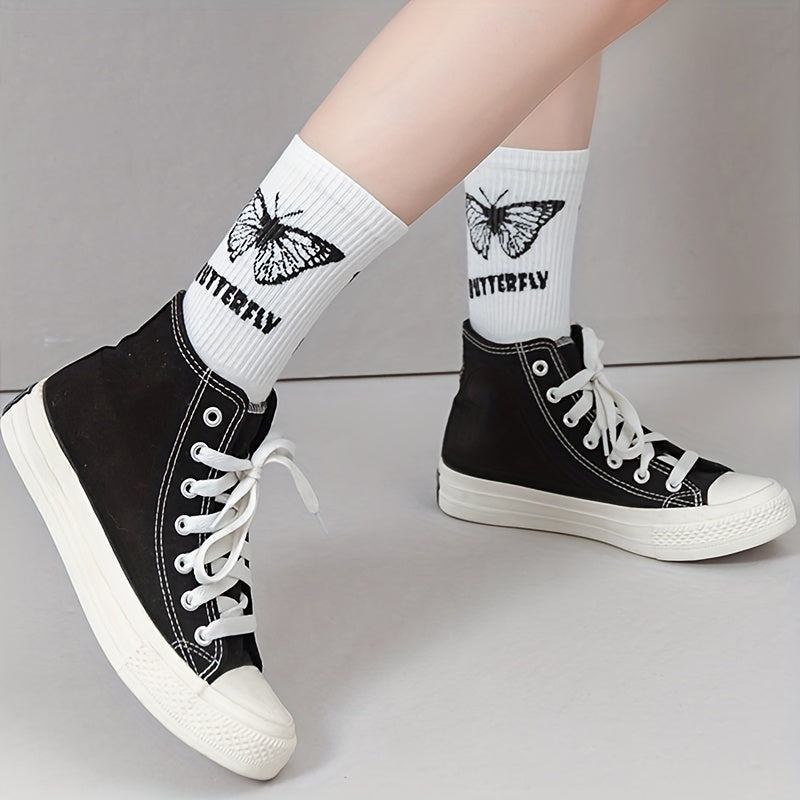 6 Pairs Butterfly Print Mid Tube Socks Women's Stockings
