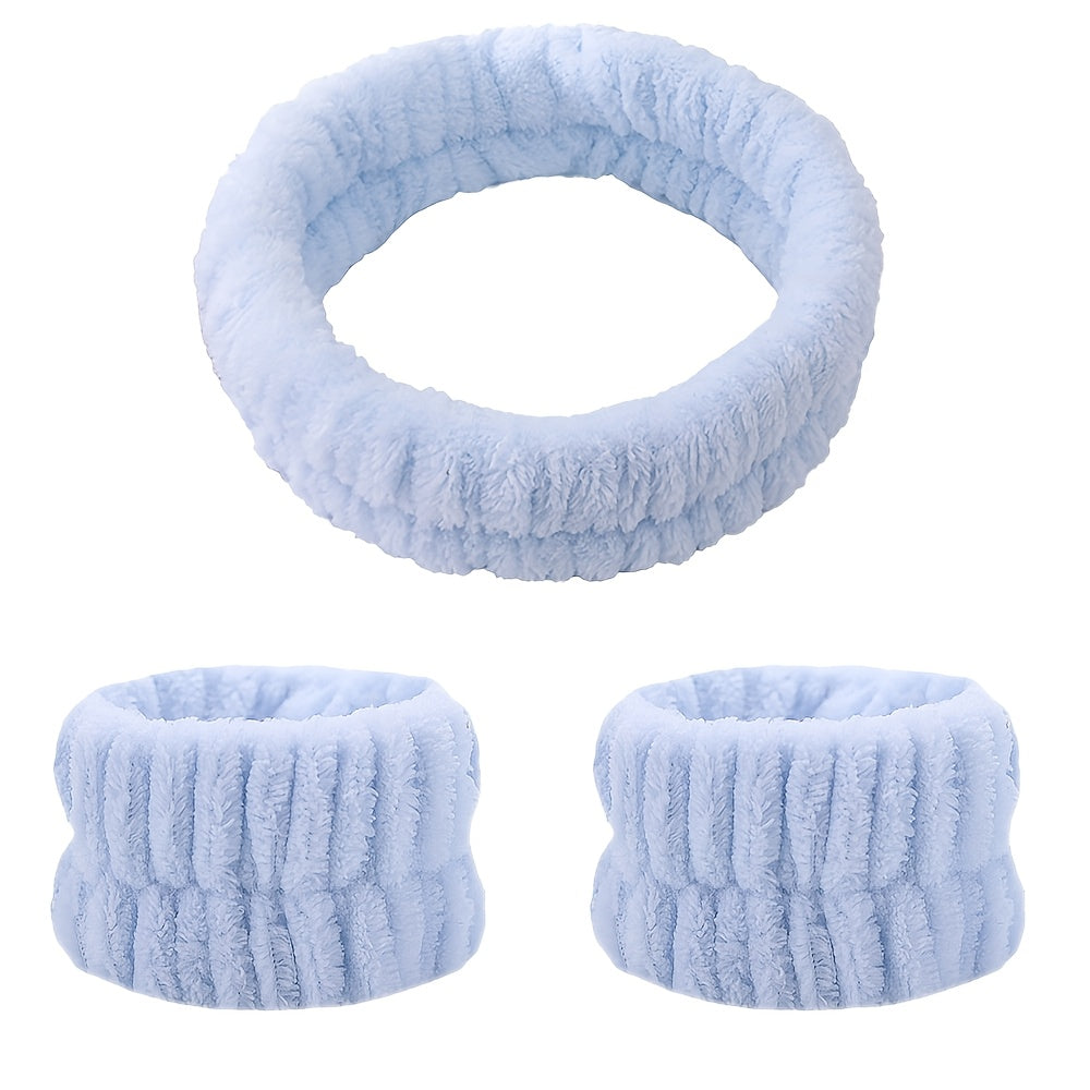 Plush Face Washing Headband & Wrist Wash Bands Set, Soft Makeup Head Wrap