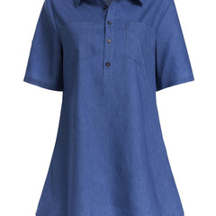 Short Sleeves Denim Top Button Front Lapel Casual Denim Shirt