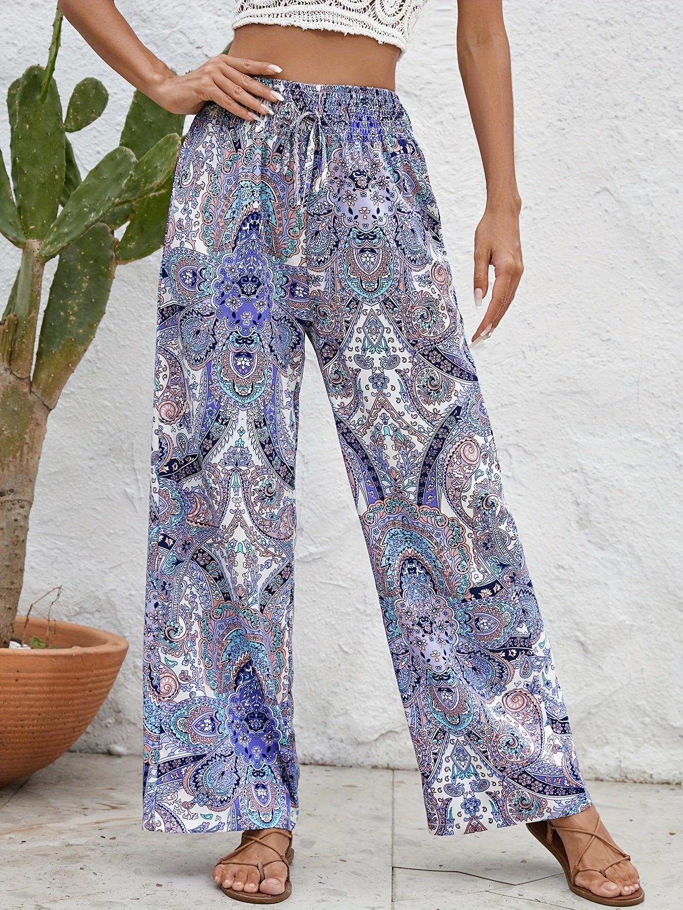 Boho Paisley Print Wide Leg Pants