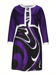  Contrast Trim Long Sleeve Crop Coat & Graphic Print Dress Set