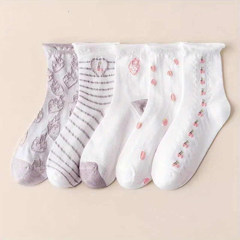 Floral & Fruit Print Socks for Women College Style Stockings