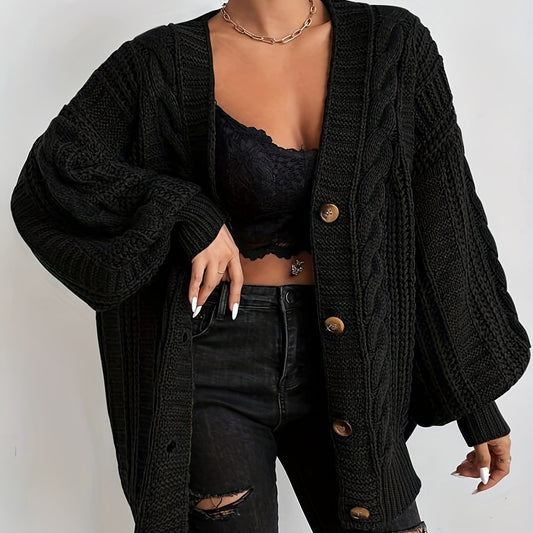  Cable Knit Lantern Sleeve Cardigan