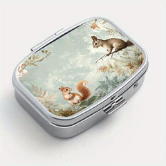 Squirrel Floral Print Pill Organizer Metal Case for Vitamins