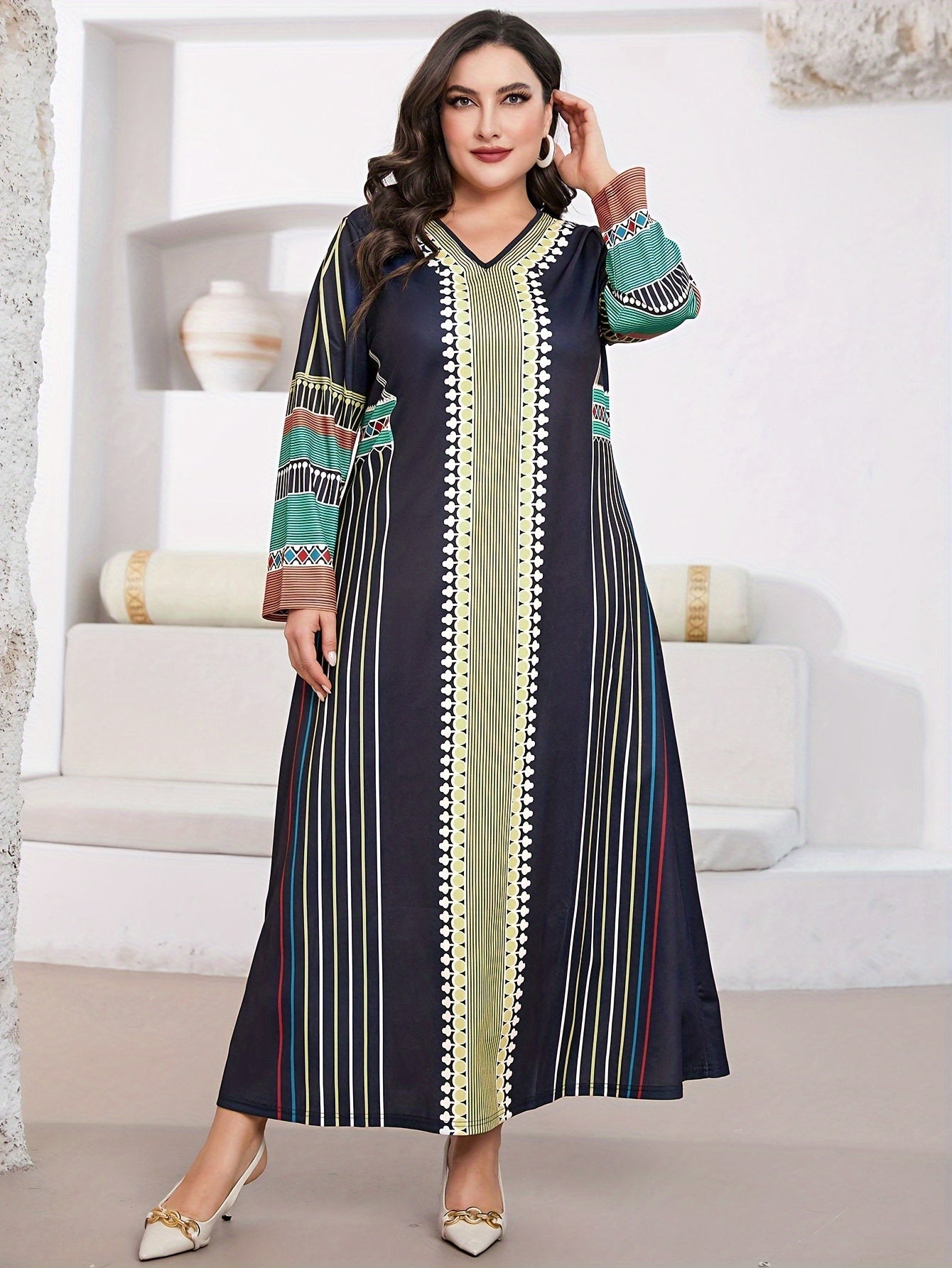  Geometric & Stripe Print Abaya Dress Long Sleeve Maxi Jalabiya