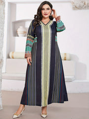  Geometric & Stripe Print Abaya Dress Long Sleeve Maxi Jalabiya