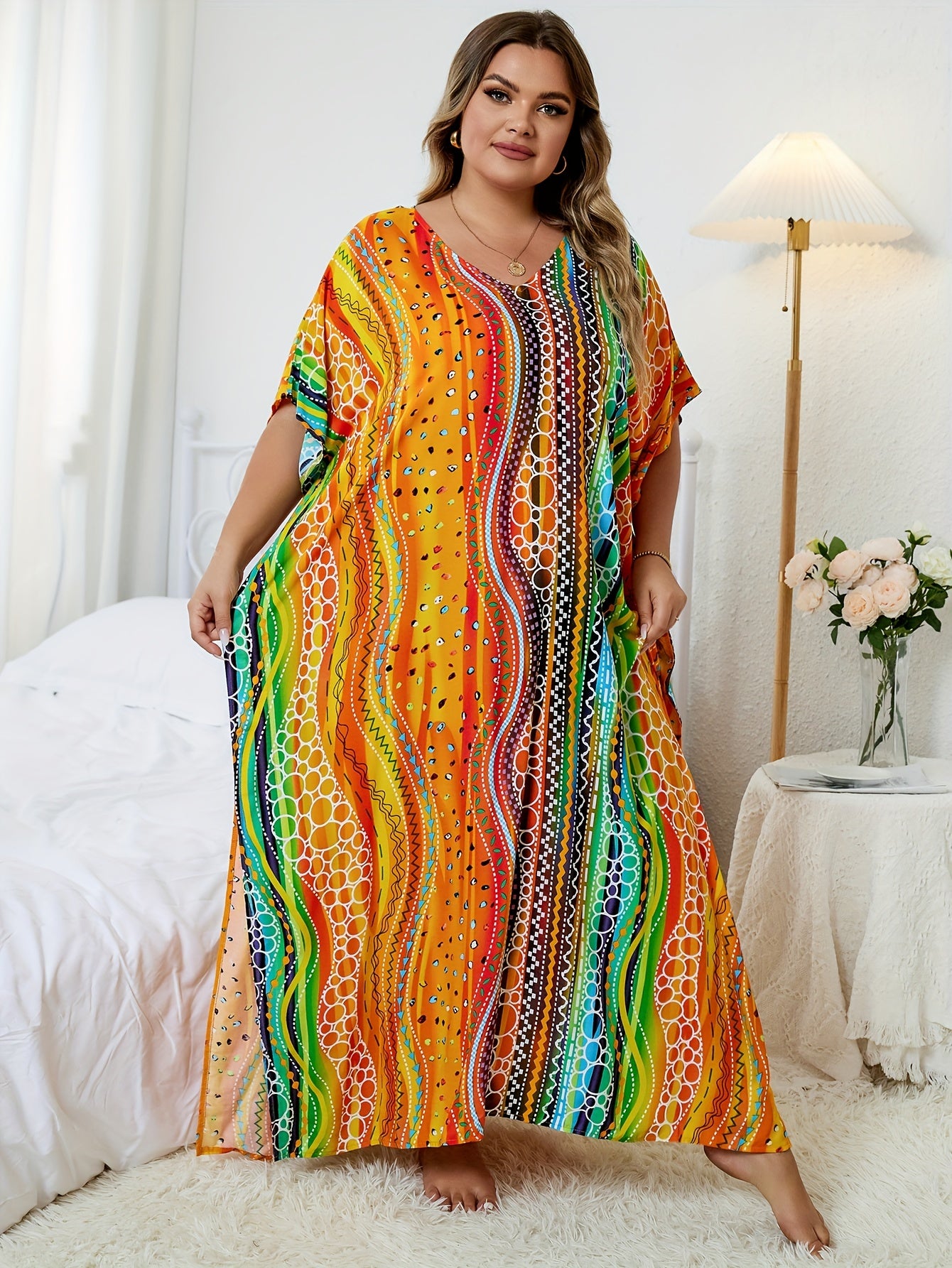  Rainbow Striped Batwing Sleeve Beachwear Kaftan Dress