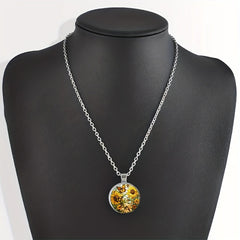 Round Butterfly Sunflower Crystal Pendant Necklace for Men and Women