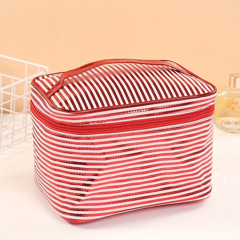 Stripe Printed Glossy Cosmetic Bag Waterproof Makeup Handbag