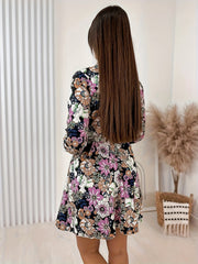 Floral Print Button Up Lantern Sleeve Mini Dress