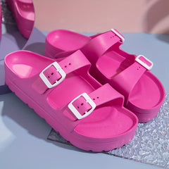 Women's Platform Footbed Sandals Double Buckle Slides Thick Bottom Slippers