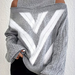  Geometric Print Cold Shoulder Sweater