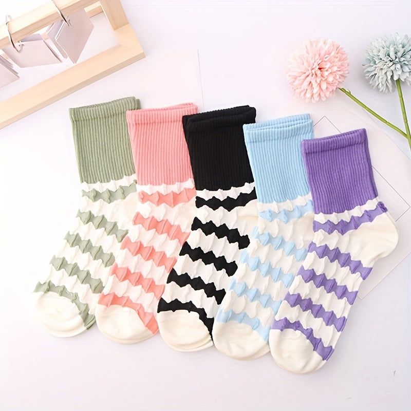 5 Pairs Women's Striped Crew Socks - Comfy & Breathable Stockings