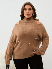  Women's Cold Shoulder Knit Top with Faux Pearl Decoration