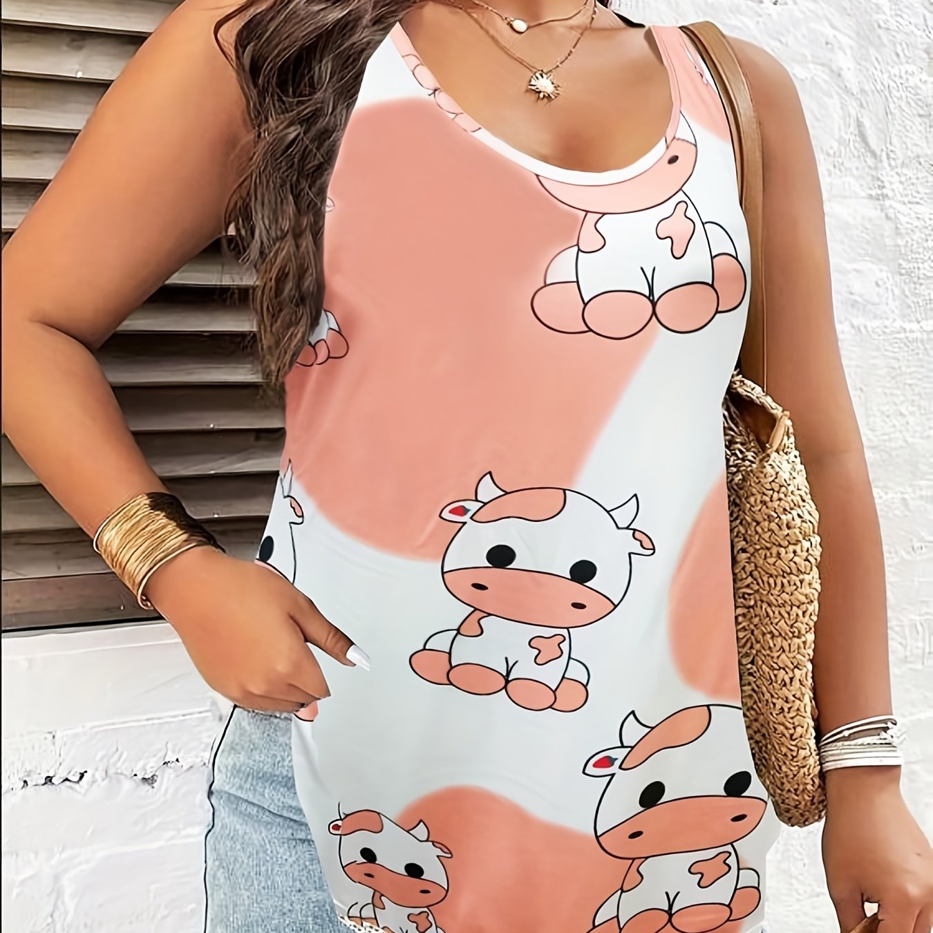  Cow Print Lace Trim Tank Top