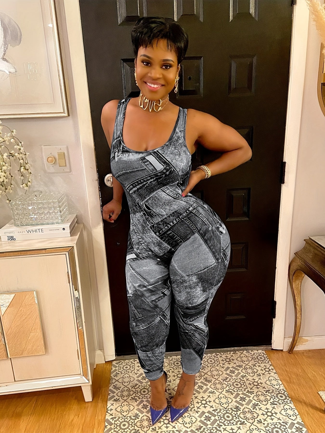 Denim Print Slim Tank Jumpsuit Women's Clothing