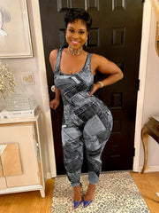 Denim Print Slim Tank Jumpsuit Women's Clothing