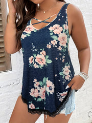  Floral Print V-Neck Lace Trim Tank Top