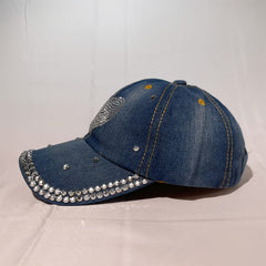 Rhinestone Denim Baseball Cap Studded Bling Heart Hat For Women Girls