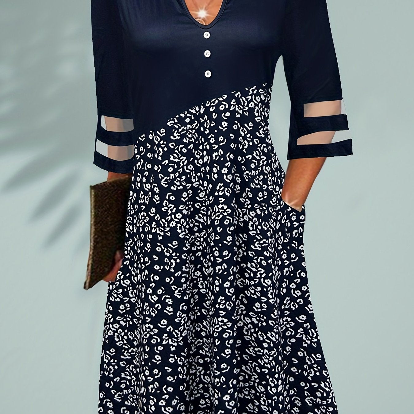  Boho Dress Colorblock Floral Print Mesh Sleeve Stretch Dress
