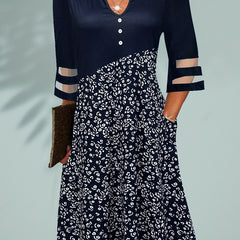  Boho Dress Colorblock Floral Print Mesh Sleeve Stretch Dress