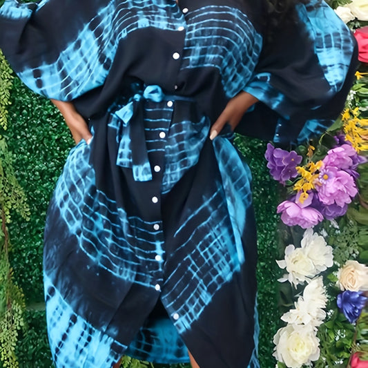  Tie Dye Button Up Bat Sleeve Shirt Dress With Belt