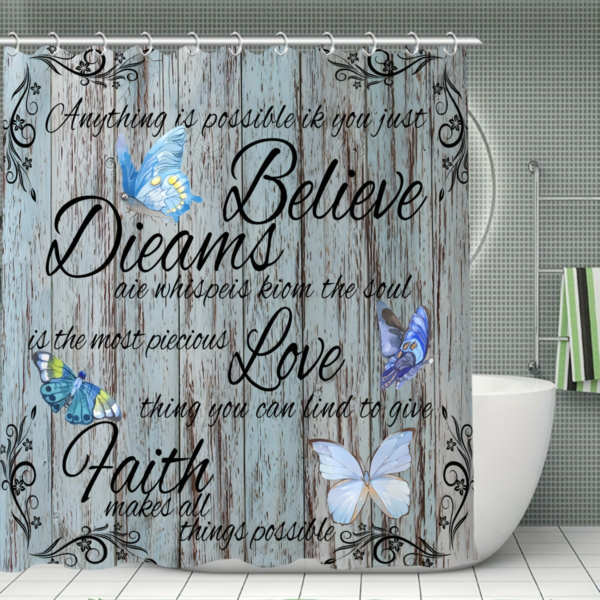 Wooden Door Butterfly Shower Curtain Set Bathroom Decor