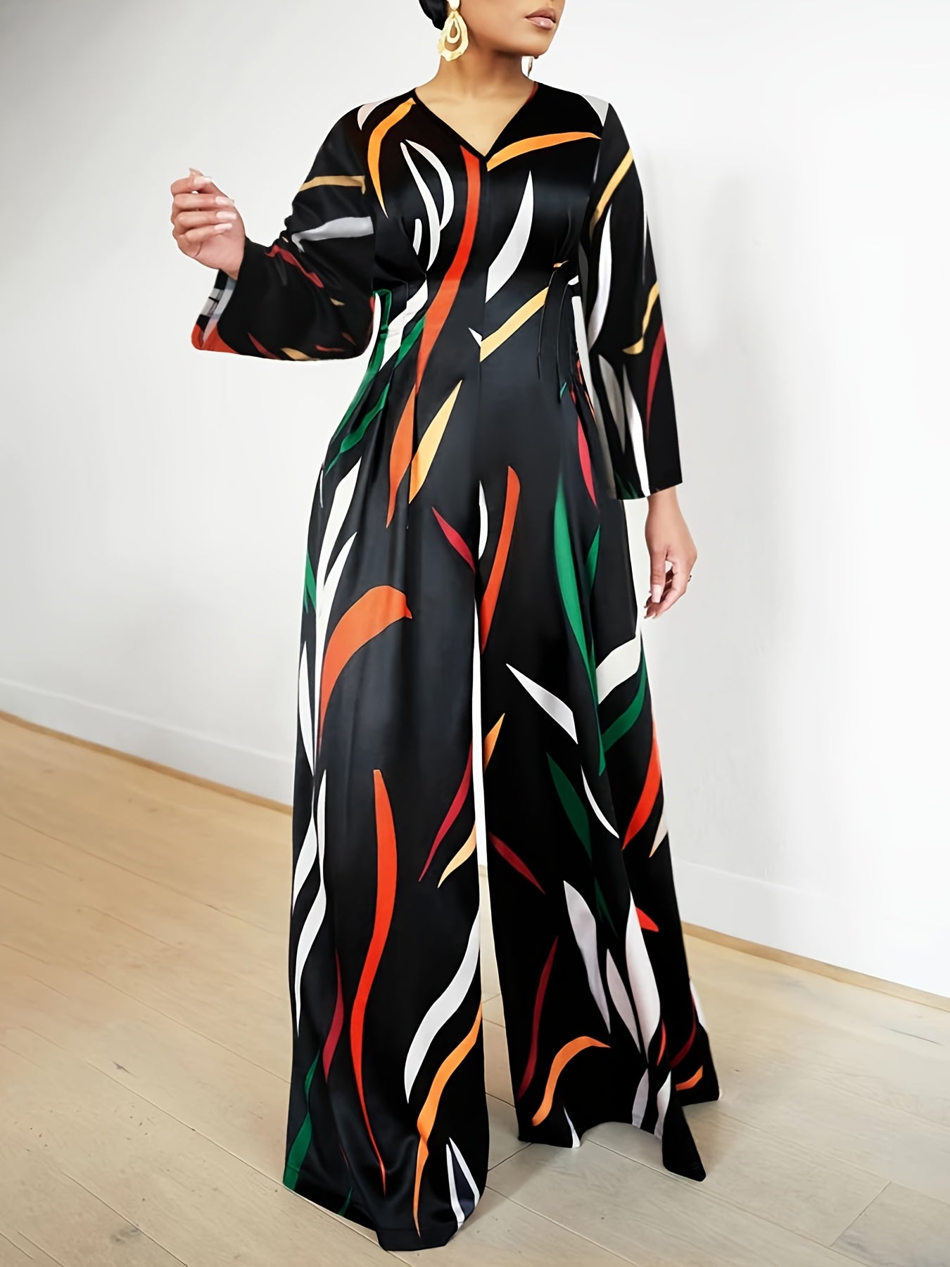  Colorful Stripe Print Long Sleeve Wide Leg Jumpsuit