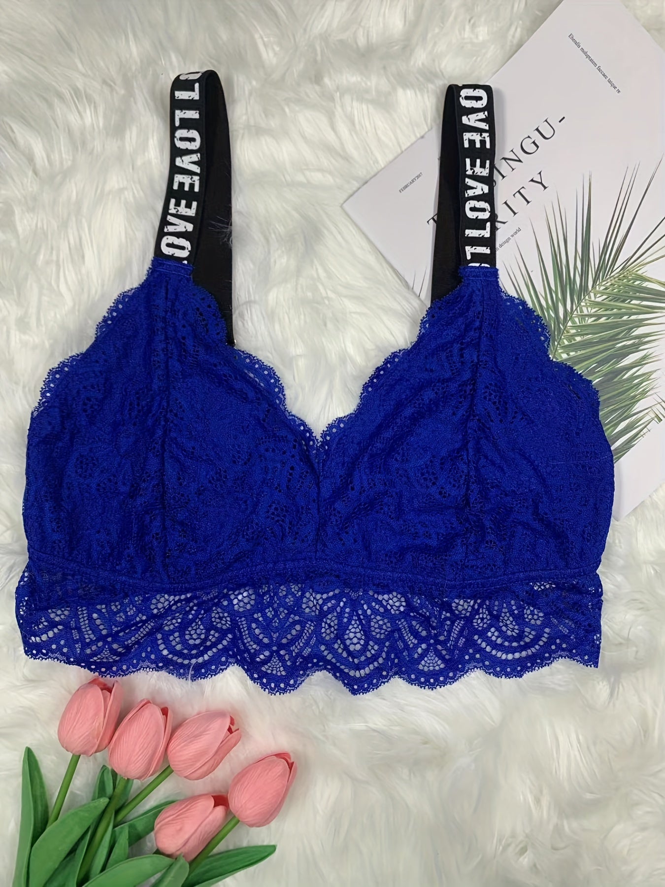 Plus Size Sexy Bra Women's Plus Letter Tape Floral Lace Wireless Bralette