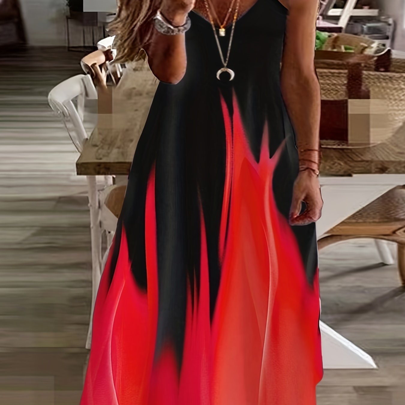  Colorblock Fire Print Maxi Cami Dress