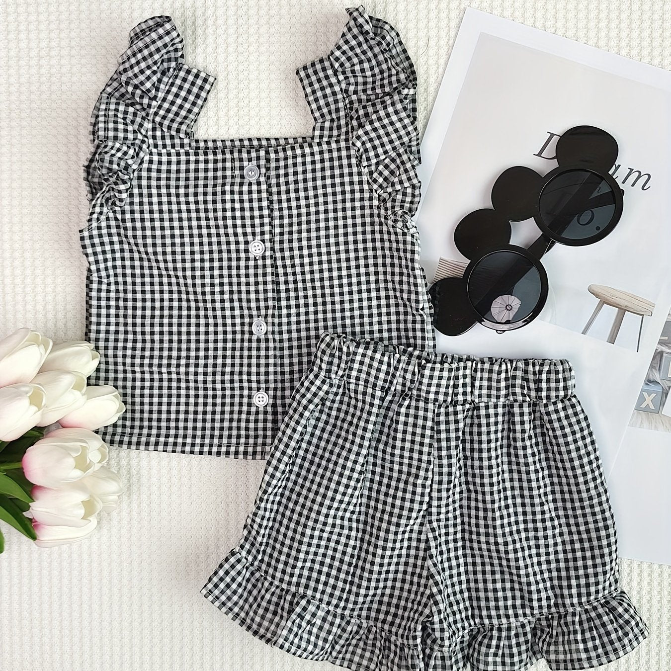 Plaid Ruffle Trim Top With Shorts Set for Baby Girls